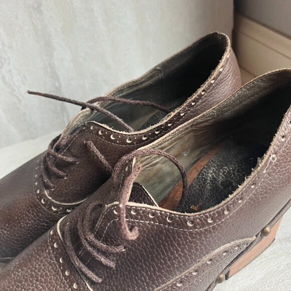** Vintage 90s Y2K Leather Lace up Chunky Wooden Clog Heels Size 6 - Picture 3 of 12